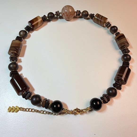 Natural Agate & Wood Beaded Necklace | Earth Tone Statement | Handmade - Picture 3 of 9